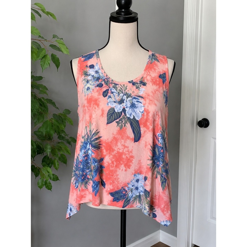 Multiples Women's Large One Shoulder Floral Tunic Top Coral Blue Asymmetrical...